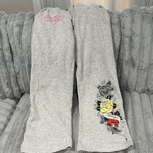 Ed Hardy Gray Sweatpants with Yellow Rose Graphic and Pink Logo